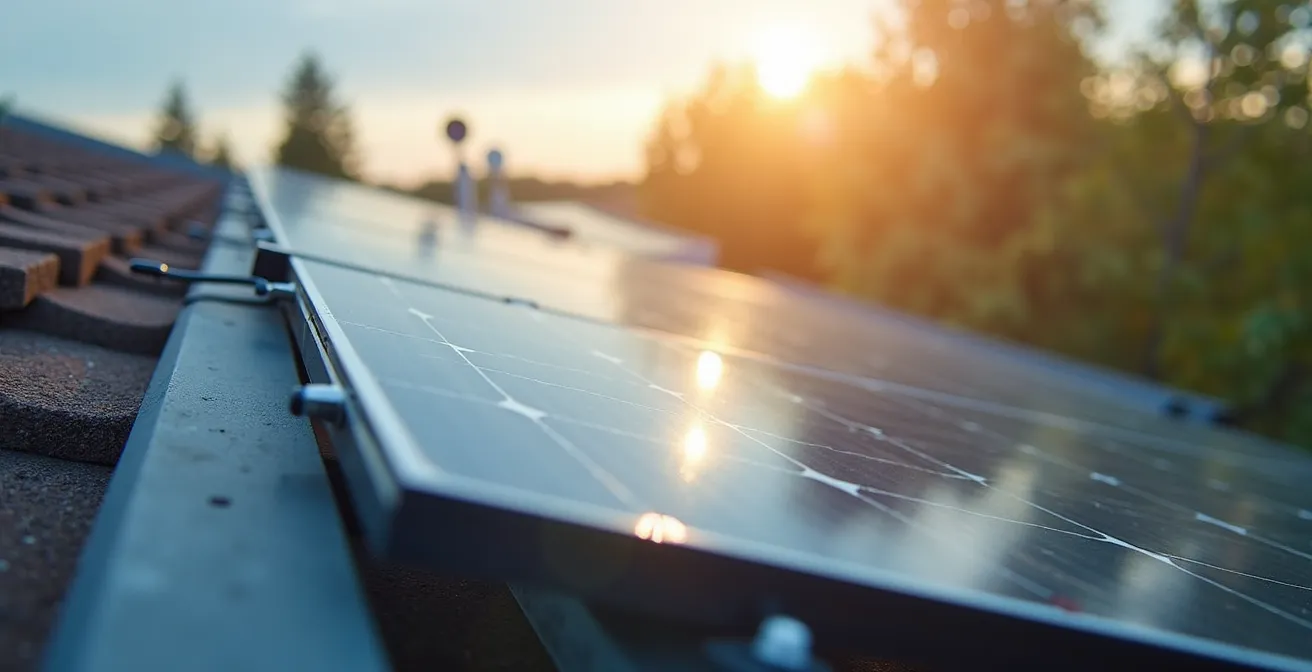 Installation solaire photovoltaïque sur toit industriel avec système de batteries en arrière-plan, lumières naturelles vives