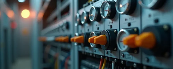 Vue réaliste d'une installation électrique industrielle moderne avec éclairage cinématographique, décor épuré avec espace négatif