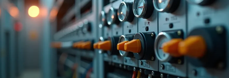 Vue réaliste d'une installation électrique industrielle moderne avec éclairage cinématographique, décor épuré avec espace négatif