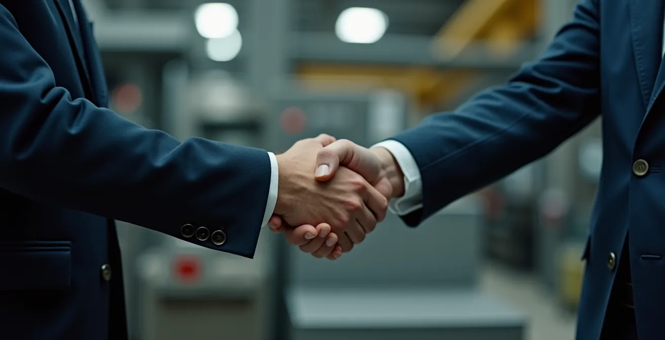 Gros plan sur une poignée de main entre deux professionnels dans un environnement industriel, avec jeu de lumière et texture métallique
