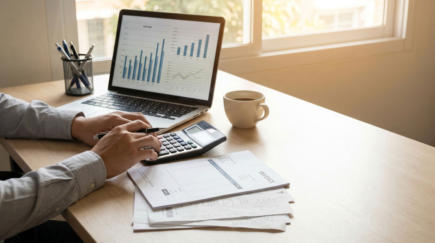 Gérant de TPE artisanale analysant une facture d'électricité EDF à son bureau, calculatrice et stylo en main, documents professionnels sur table de travail, décor atelier français