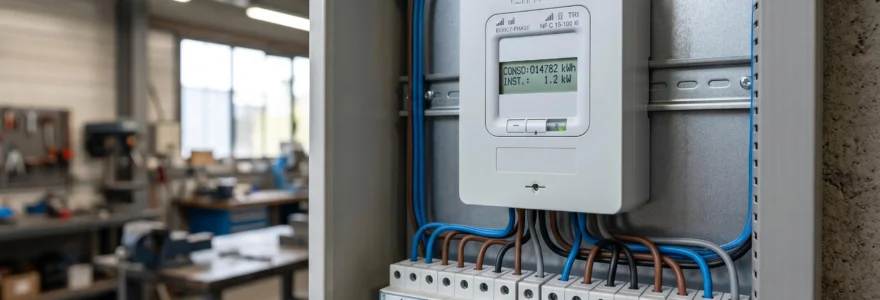 Compteur électrique triphasé Linky installé dans un tableau électrique professionnel, affichage numérique visible, trois rangées de disjoncteurs modulaires en dessous, câblage aux normes françaises