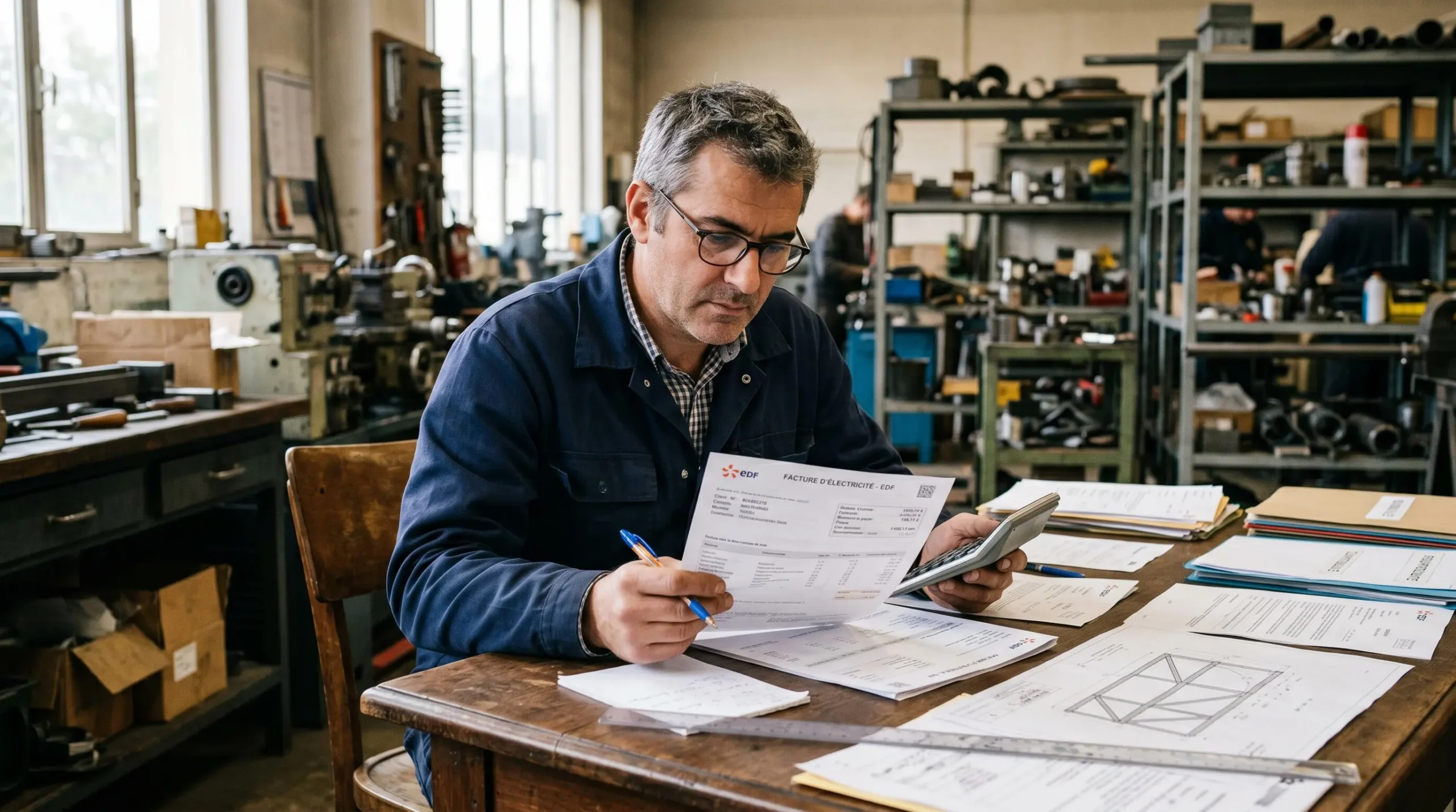 Gérant de TPE artisanale analysant une facture d'électricité EDF à son bureau, calculatrice et stylo en main, documents professionnels sur table de travail, décor atelier français