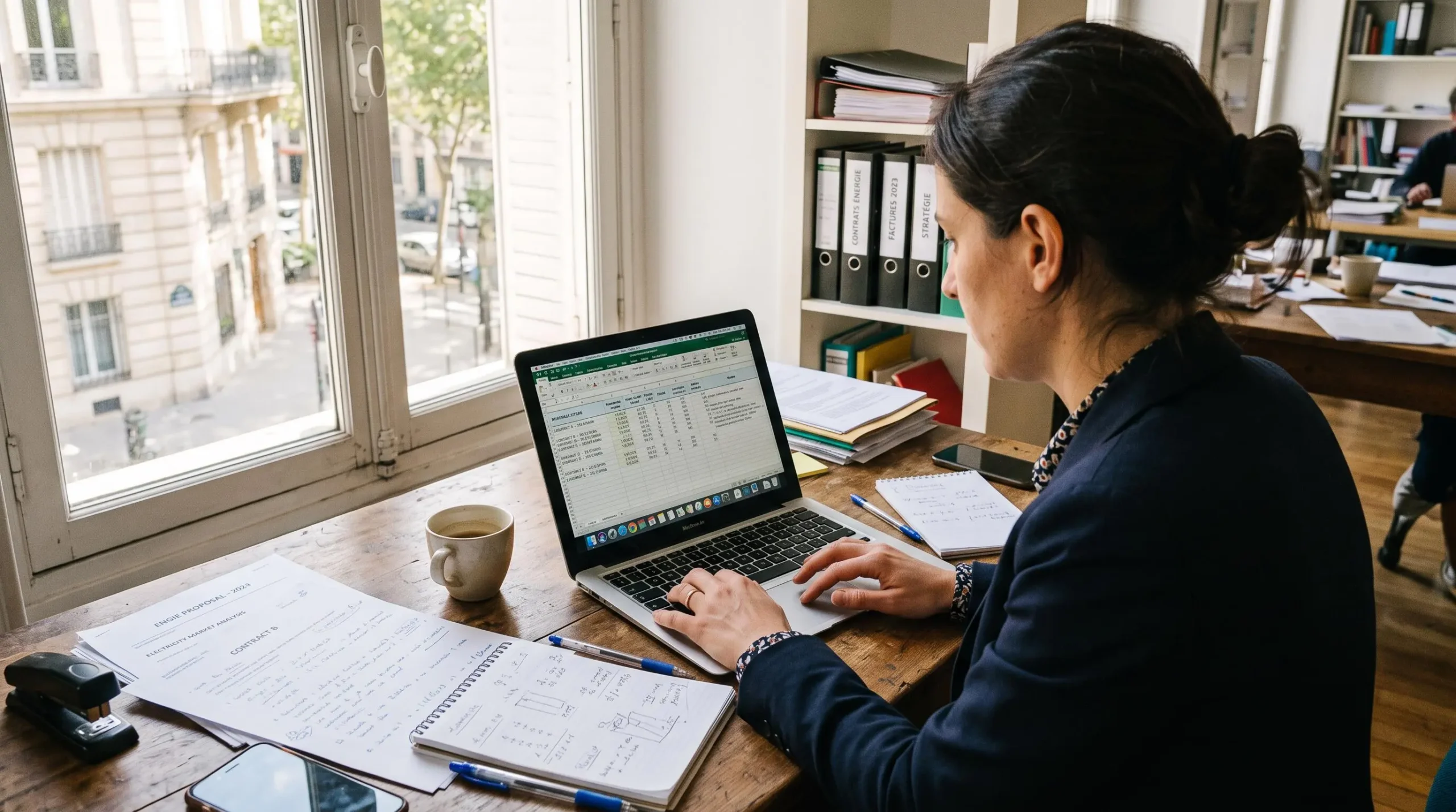 Un responsable d'entreprise compare des offres d'électricité sur son ordinateur au bureau.