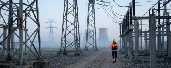 Un technicien inspecte un poste électrique près d'une centrale nucléaire française au petit matin.