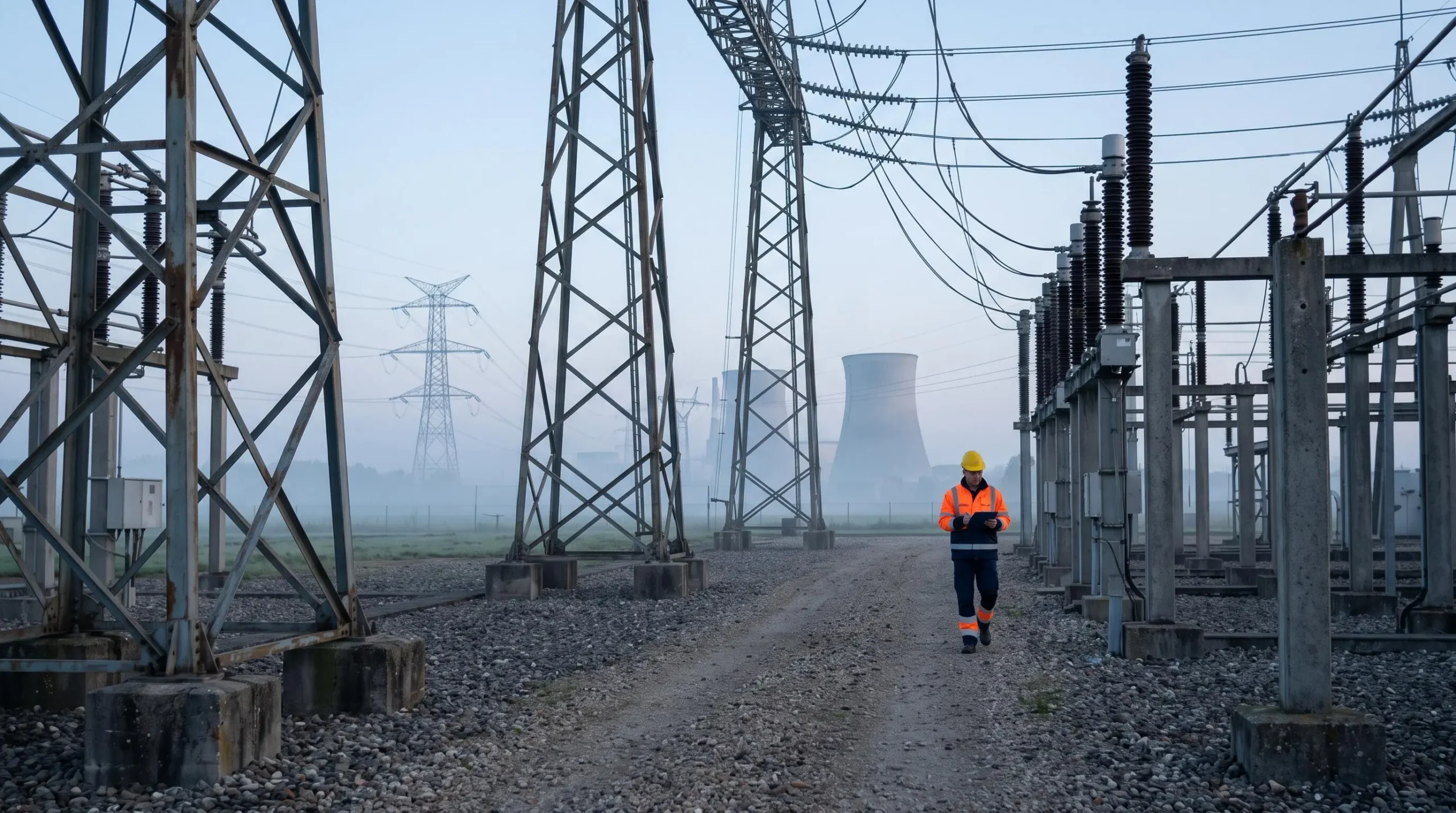 Un technicien inspecte un poste électrique près d'une centrale nucléaire française au petit matin.